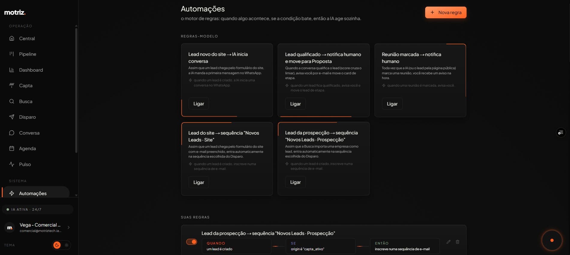 tela do Motor de Regras da motriz, com as automações configuradas