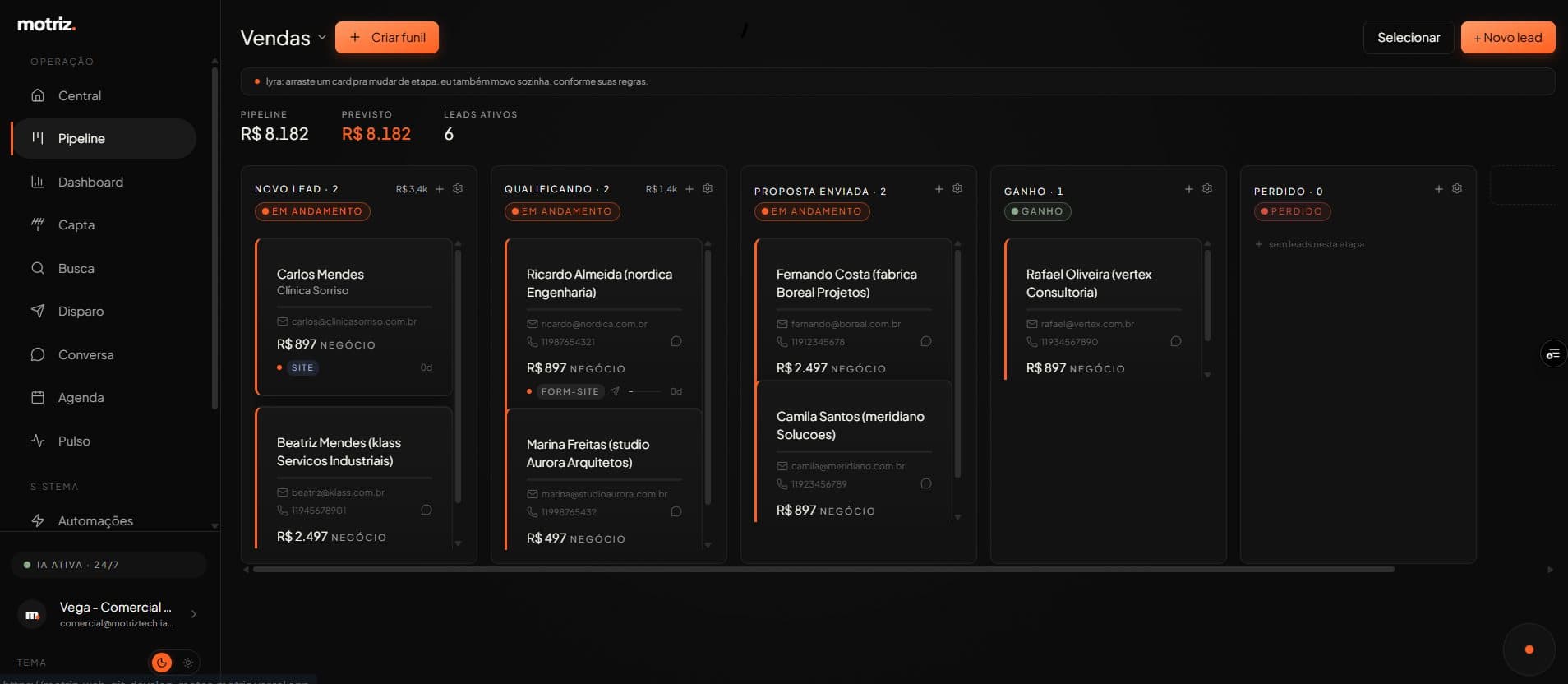 tela do Pipeline da motriz, com os leads em cards por etapa do funil